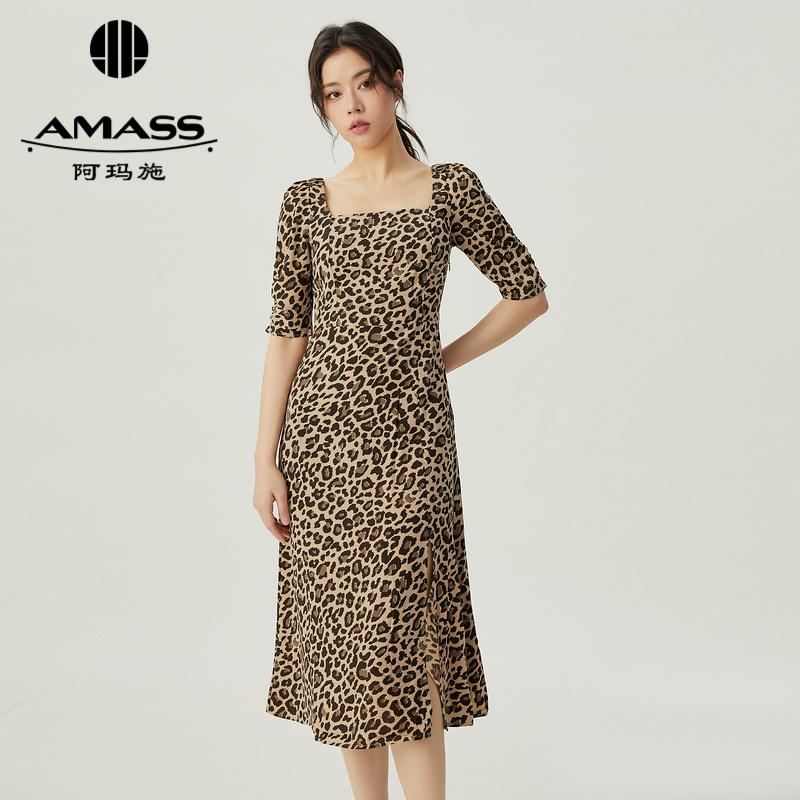 AMASS阿玛施 方领复古豹纹连衣长裙5500406-2