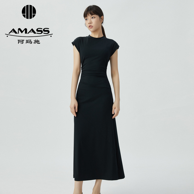 阿玛施AMASS圆领气质收腰纯色无袖连衣裙5500454