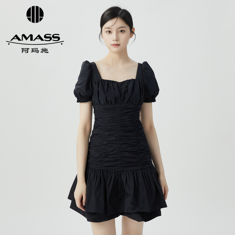 阿玛施AMASS 高级质感甜酷风黑柜压褶洋装5500504