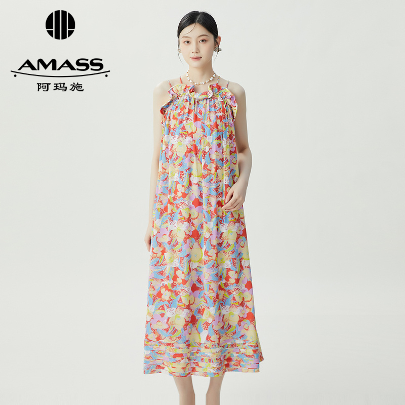 阿玛施AMASS 度假风夏日色彩印花吊带洋装5500527