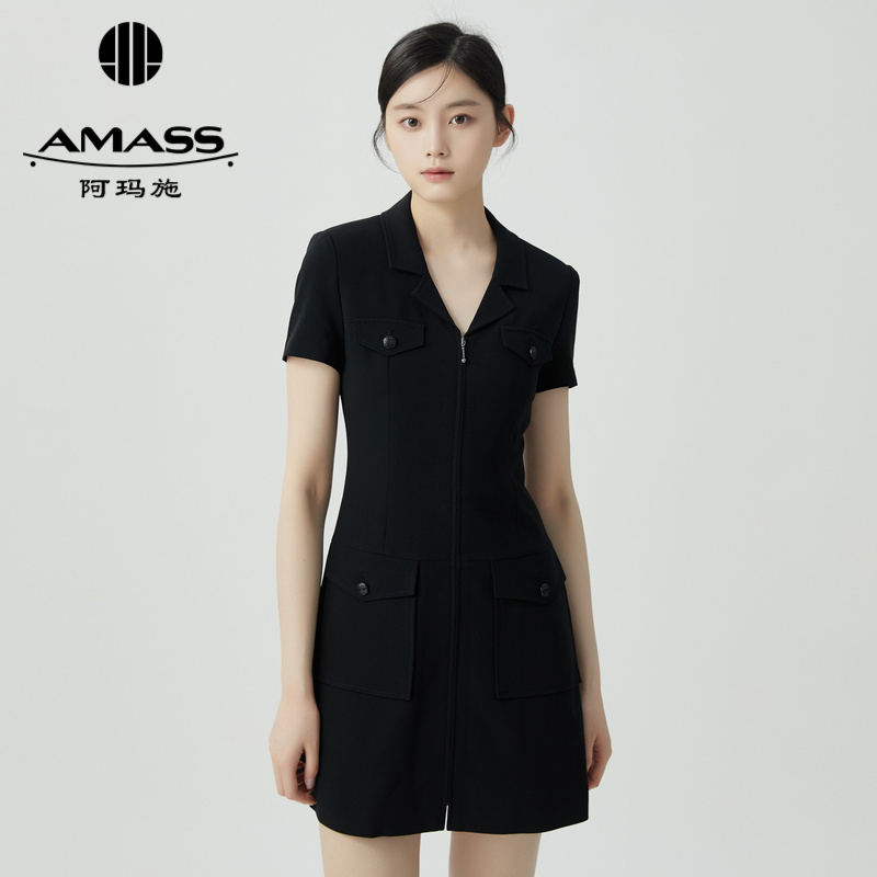阿玛施AMASS V领窈窕身姿拉链短袖洋装5500540