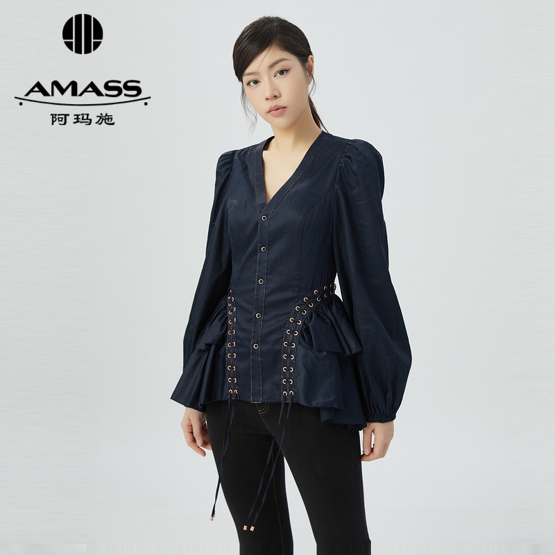 阿玛施AMASS 高级限量款双层波浪设计修身曲线V领衬衫6300035