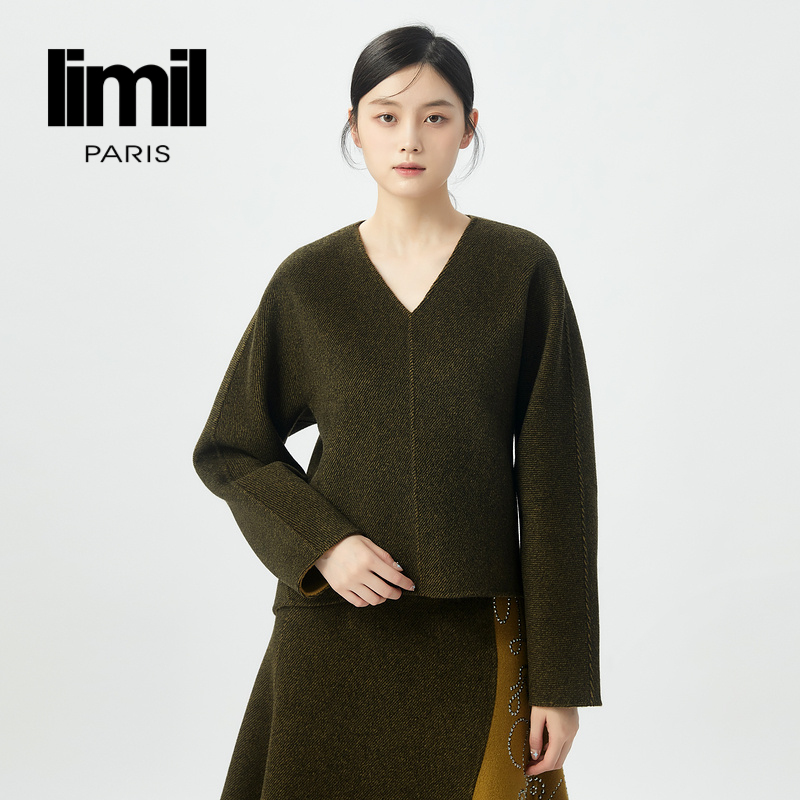 丽米儿limil 质感V领双面呢长袖上衣9300118