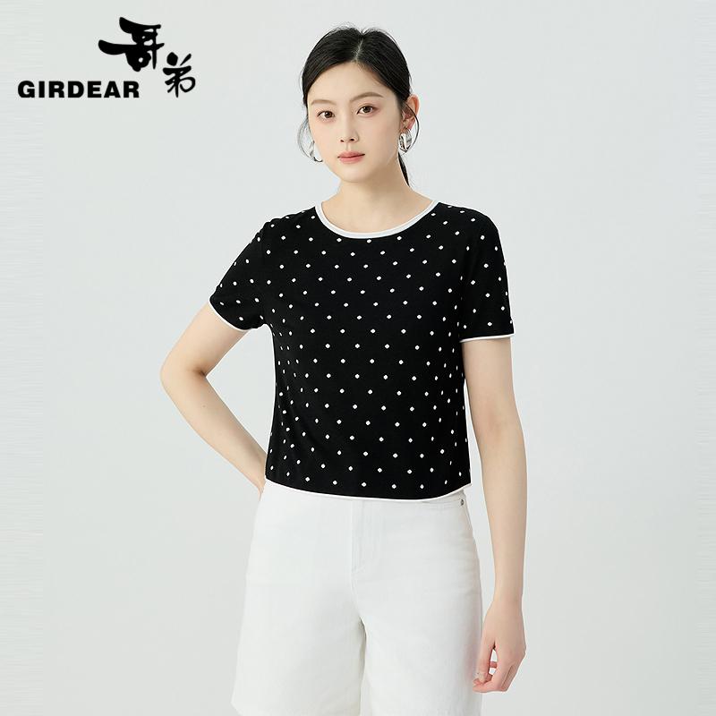 哥弟  气质正肩圆领短袖套头针织衫1399645