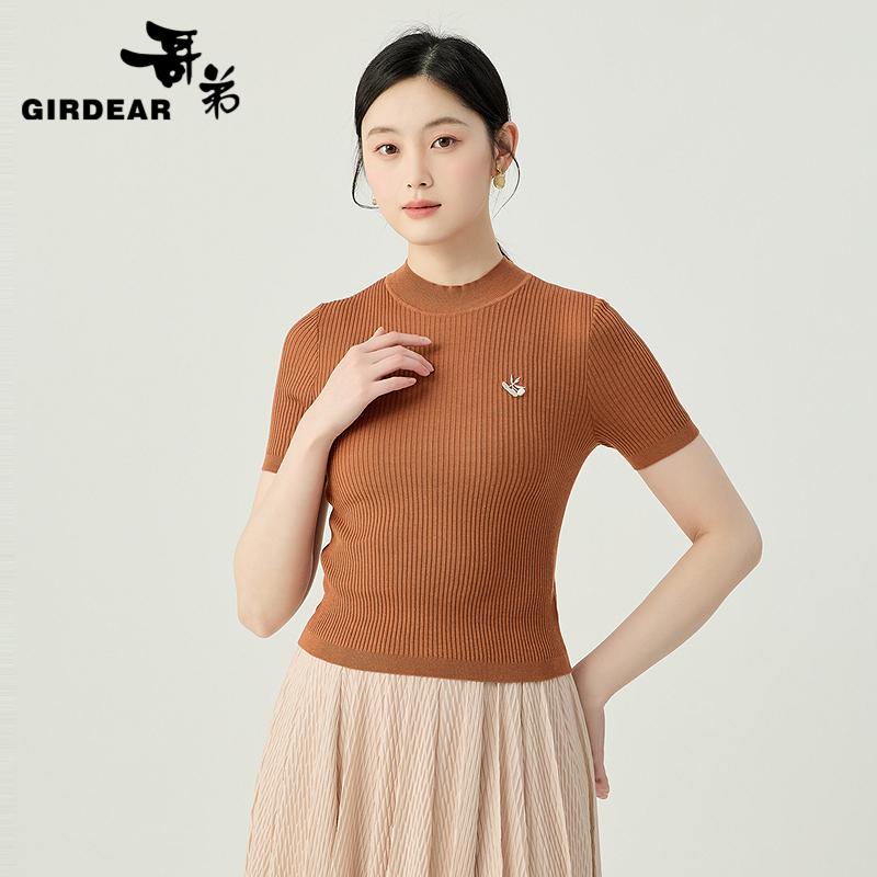 哥弟  修身烟管领竖坑条短袖套头针织衫1399715