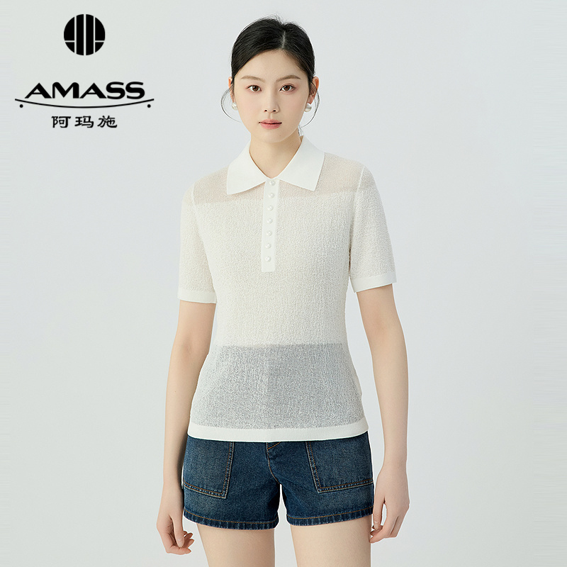 阿玛施AMASS 简约休闲拼接锁边设计小翻领针织衫538007