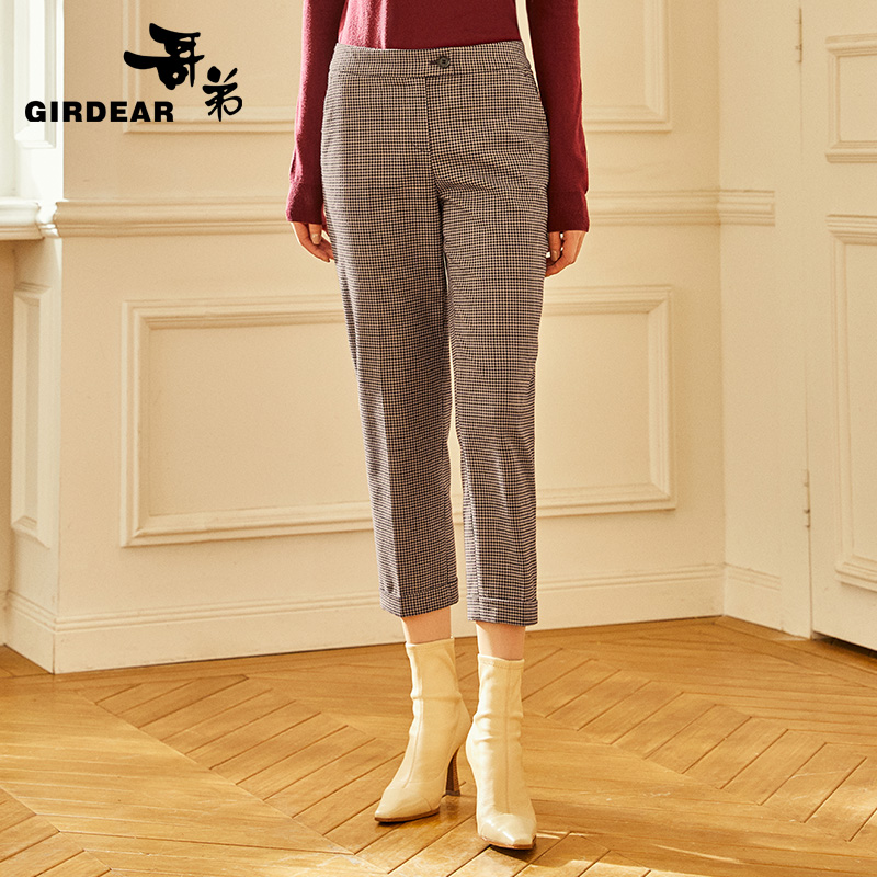 哥弟女装 中腰格子裤直筒九分裤1100002