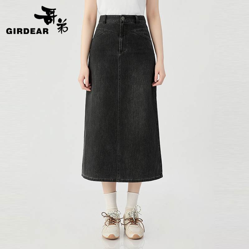 哥弟  高腰复古后开叉牛仔半身长裙1200370