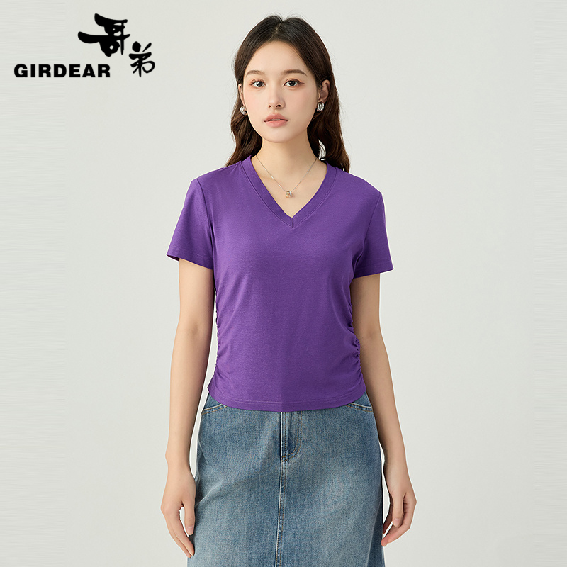 哥弟  V领侧边收褶设计短袖T恤1300888