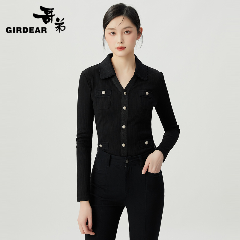 哥弟  气质修身翻领小香风衬衫1300952