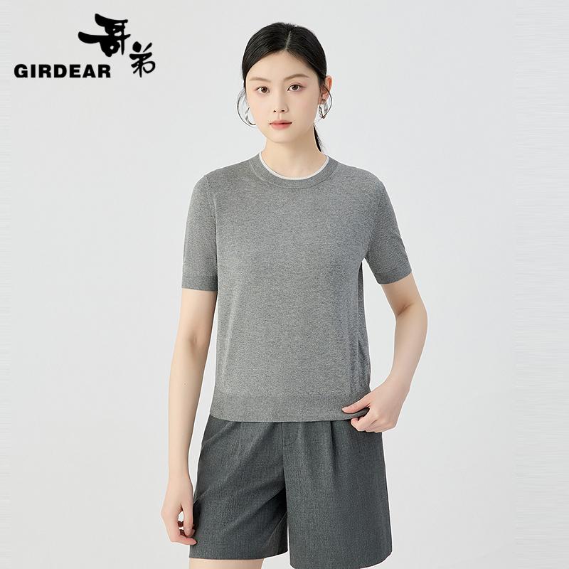 哥弟  精致细闪假两件圆领短袖针织衫138010