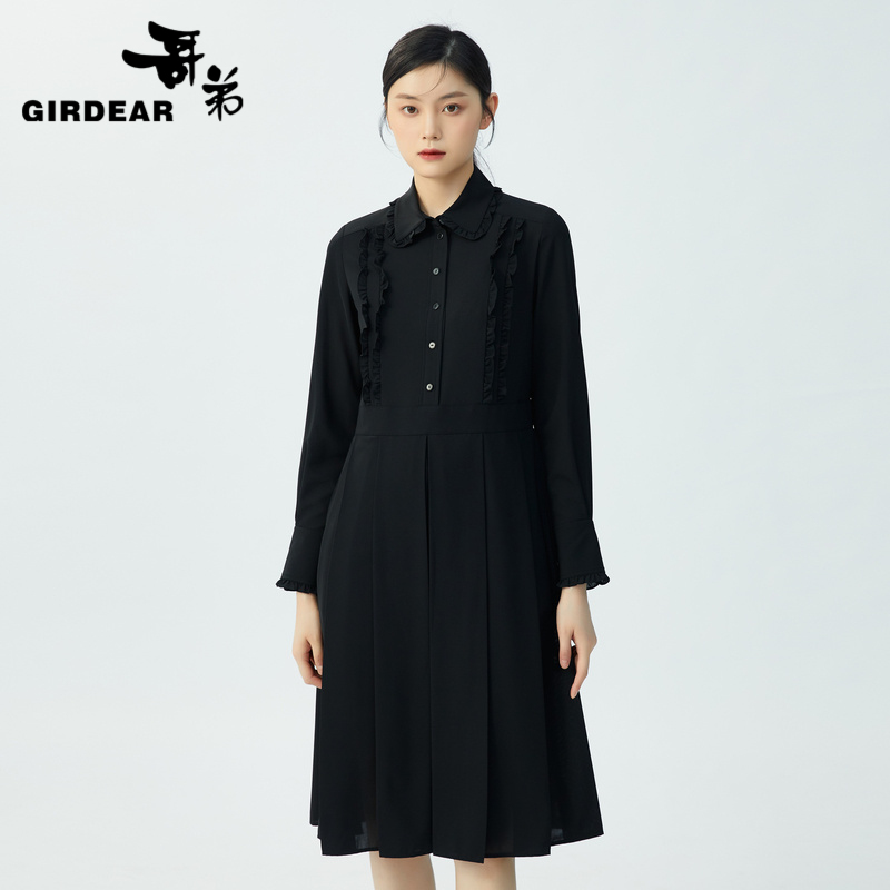 哥弟 中长款收腰木耳领洋装连衣裙1500303