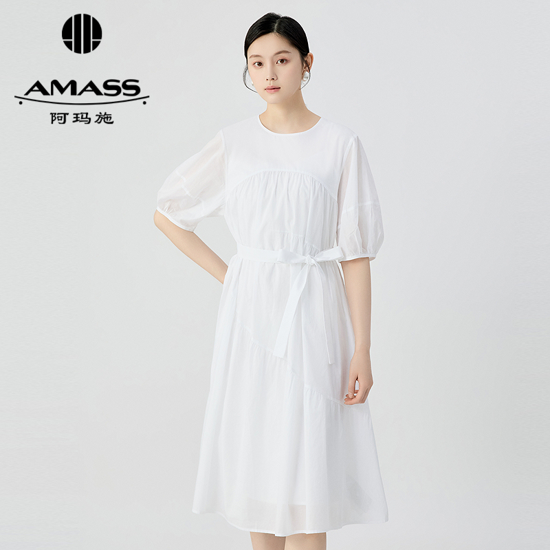 阿玛施AMASS 泡泡袖抽褶宽松盖膝洋装连衣裙附内搭550038