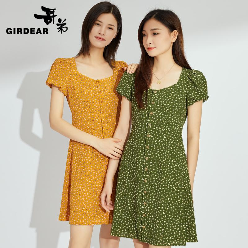 哥弟女装 小碎花方领泡泡袖高腰连衣裙1500393