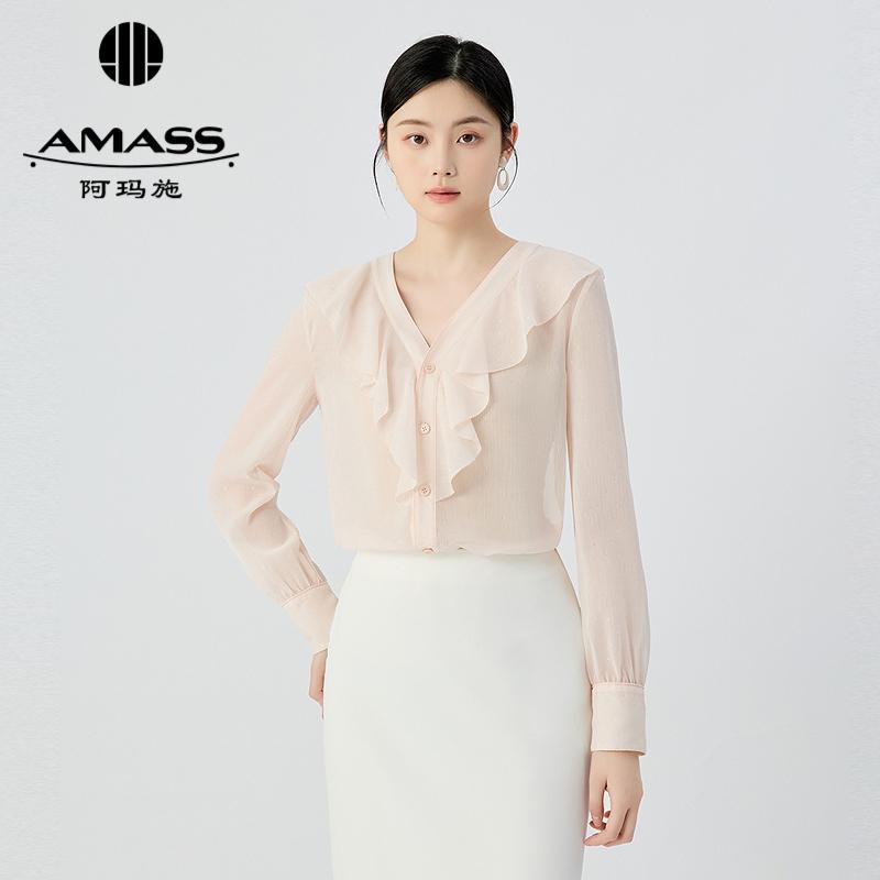 阿玛施AMASS 知性优雅领口花边小波点长袖衬衫530032