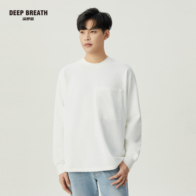 DEEP BREATH深呼吸情侣装 大口袋装饰磨破设计宽松情侣款T恤A301343