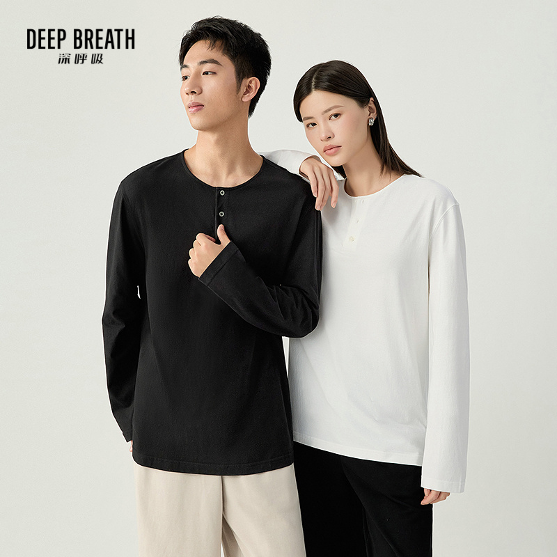 DEEP BREATH深呼吸男女同款 休闲纯色亨利领纽扣宽松T恤A301725