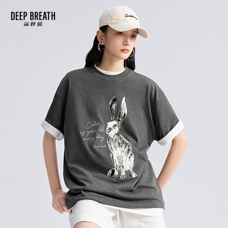 DEEP BREATH深呼吸女装 新款宽松植绒动物字母个性T恤上衣A301785