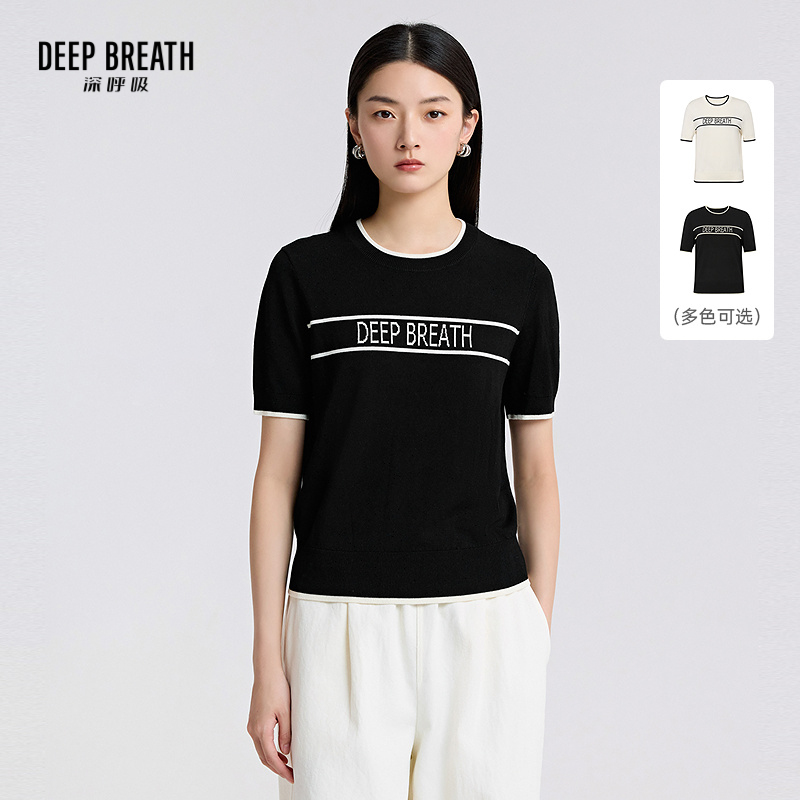 DEEP BREATH深呼吸女装 新品简约圆领拼色字母短袖针织衫A301855