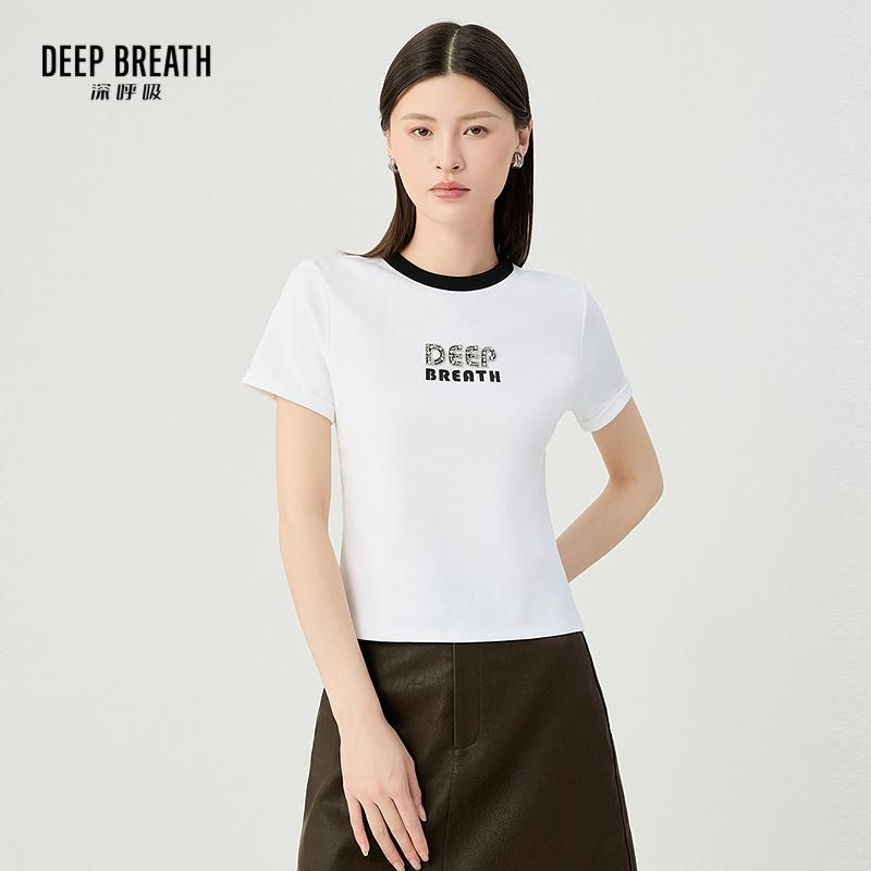 DEEP BREATH深呼吸女装 拼色圆领珠片字母弹力修身T恤上衣A301856