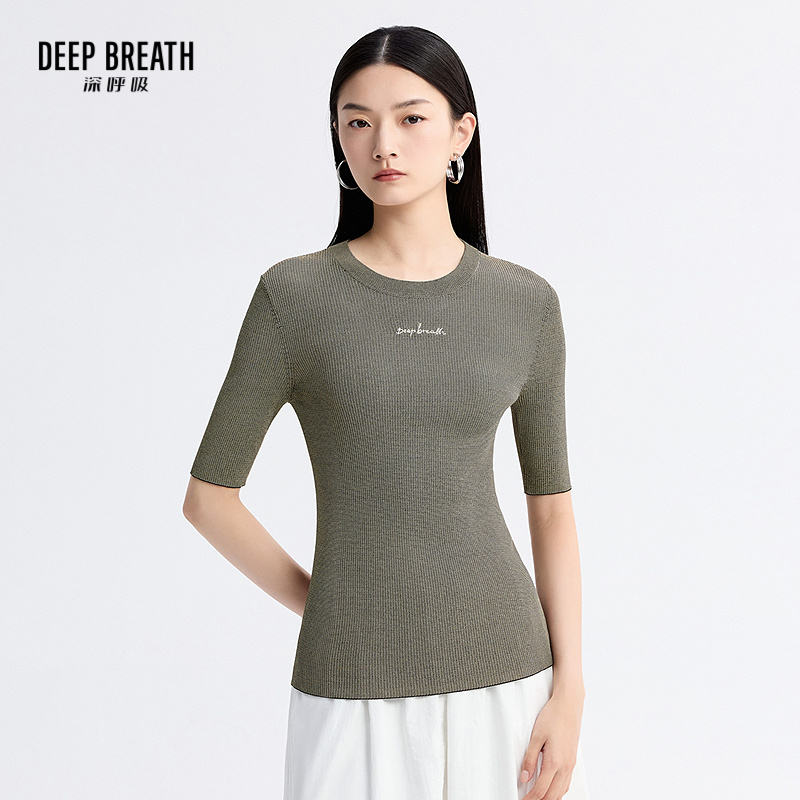 DEEP BREATH深呼吸女装 新款圆领花纱坑条修身中袖针织上衣A301942