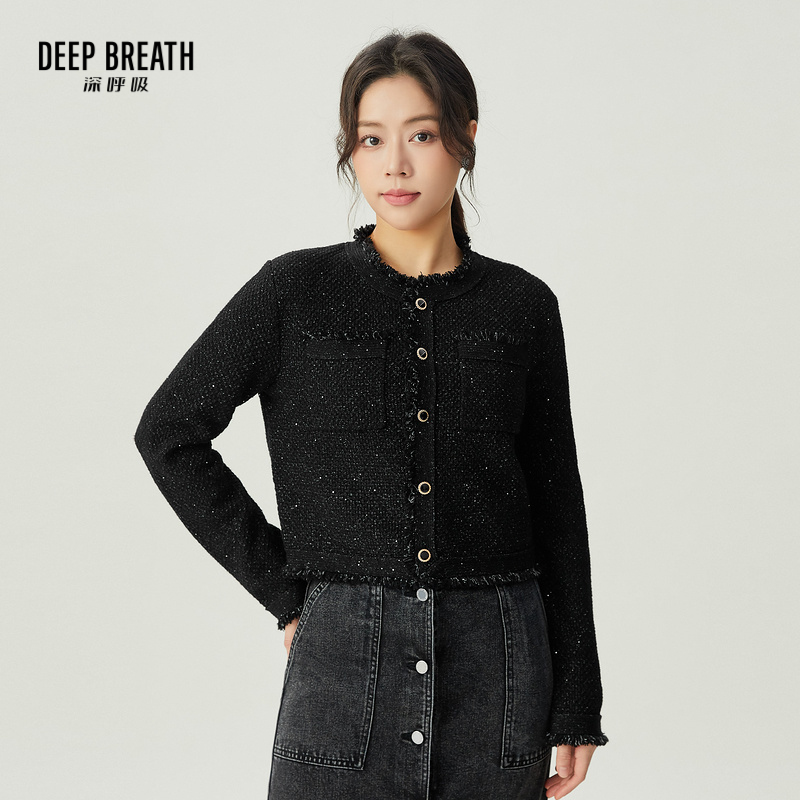 DEEP BREATH深呼吸女装 圆领流苏口袋小香风开衫针织外套A400927