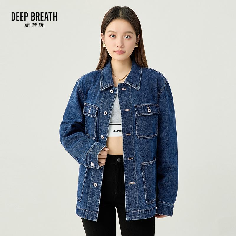 DEEP BREATH深呼吸女装 时尚中长款翻领长袖大口袋牛仔外套A401357