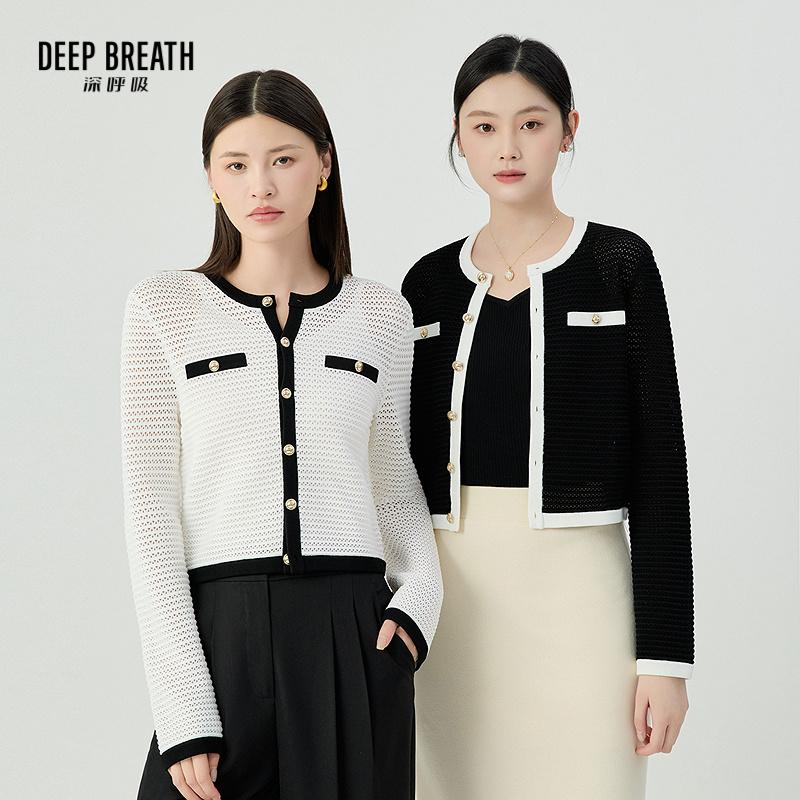 DEEP BREATH深呼吸女装 圆领小香风纽扣拼色镂空长袖针织开衫A401359