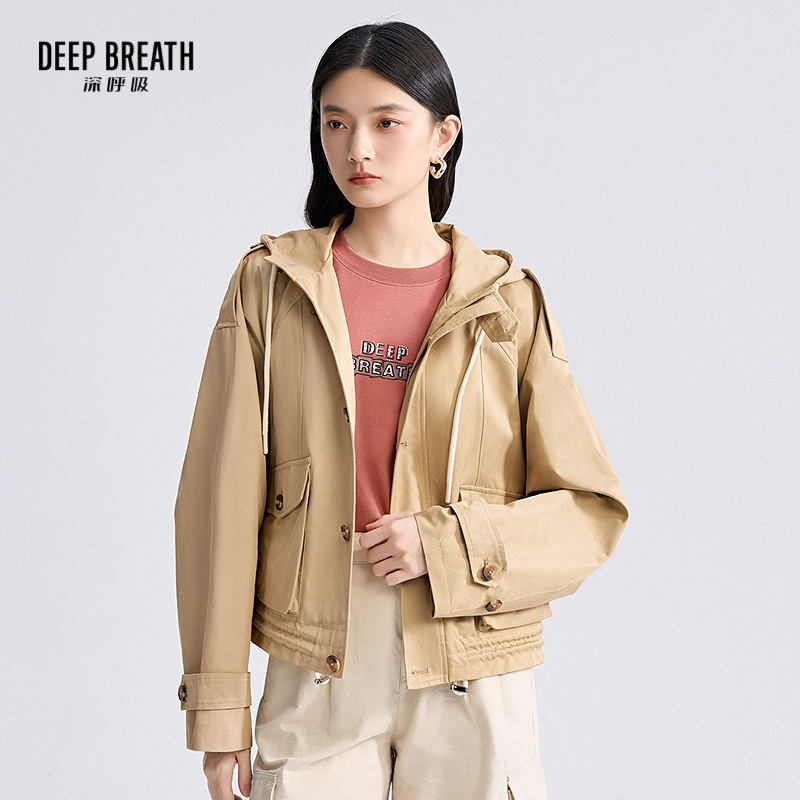 DEEP BREATH深呼吸女装 新款连帽抽绳大口袋短休闲风衣外套A401369
