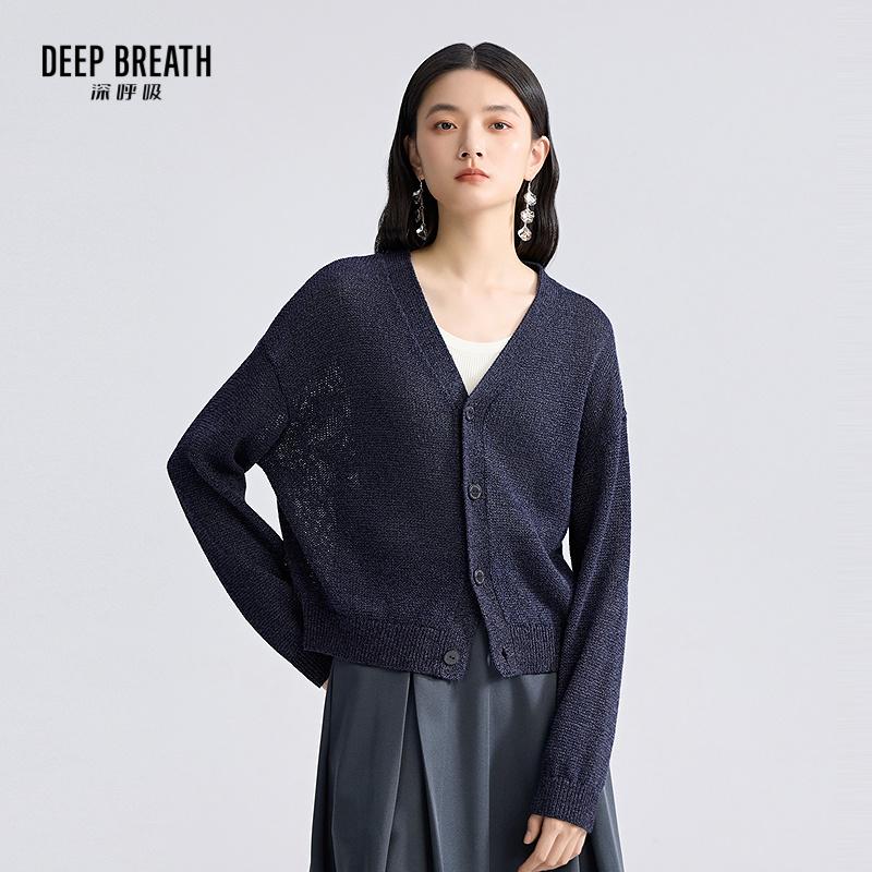 DEEP BREATH深呼吸女装 新款V领简约纽扣长袖纸纱针织开衫A401420
