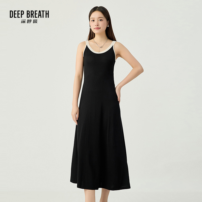 DEEP BREATH深呼吸女装 U领拼色织带高腰A字长款针织连衣裙A500412