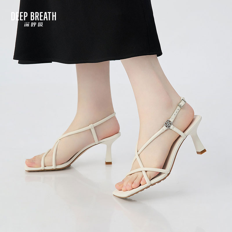 DEEP BREATH深呼吸女鞋 方头细跟简约条带通勤时尚露趾高跟凉鞋AX14112