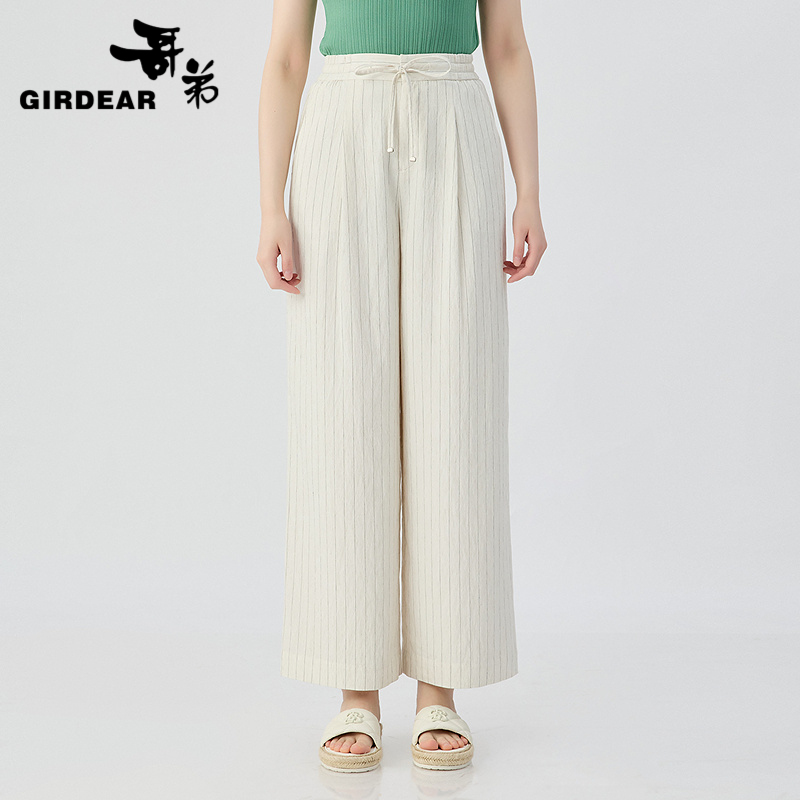 哥弟  高腰两侧松紧系带条纹亚麻直筒裤110002