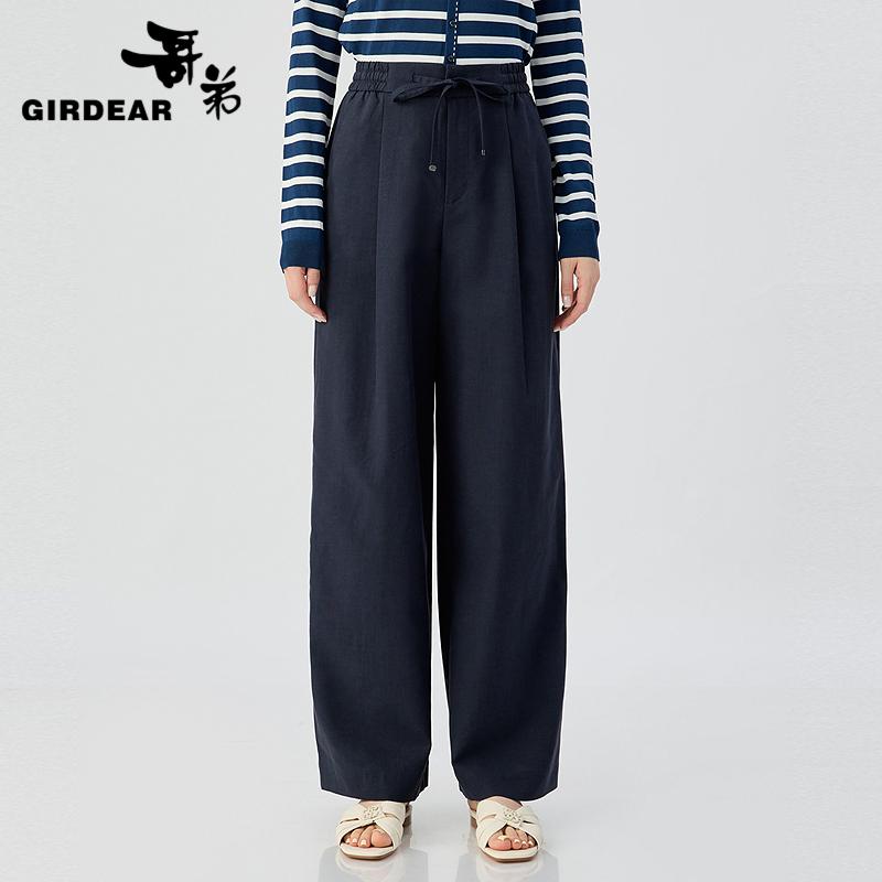 哥弟  高腰松驰感两侧松紧系带亚麻直筒裤110002