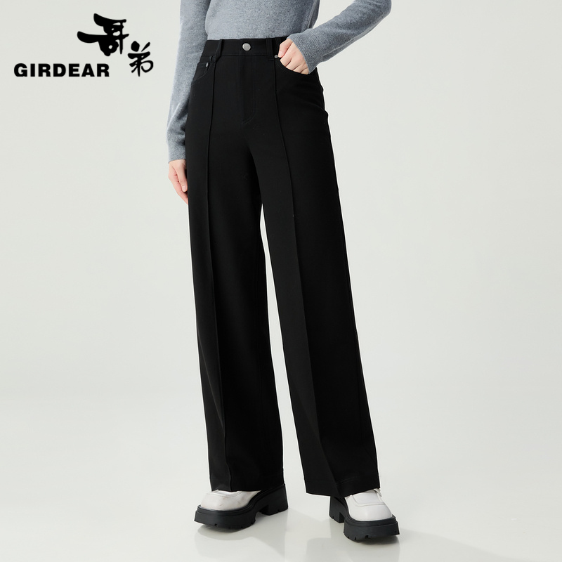 哥弟 高腰休闲立体车褶设计直筒西裤1100516