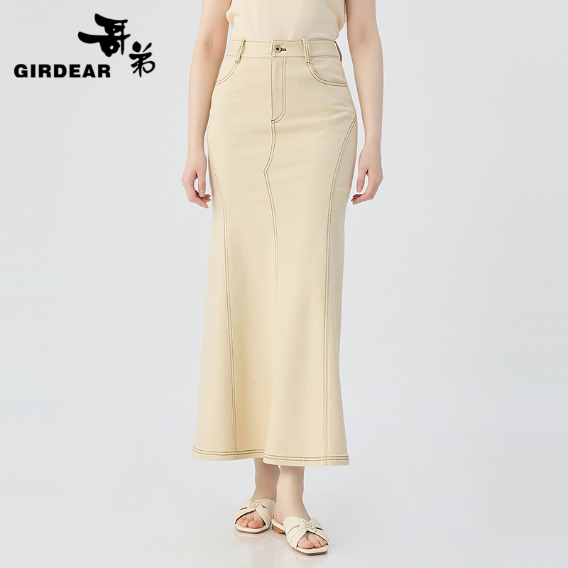 哥弟  高腰气质包臀牛仔鱼尾长半裙120010