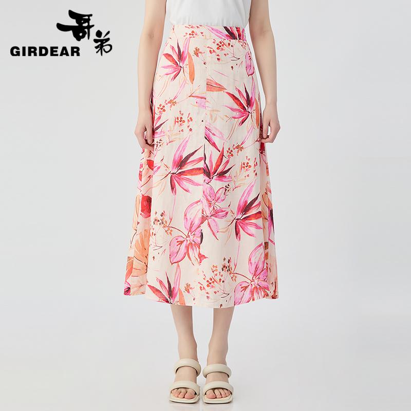 哥弟 高腰A字长款透气亚麻半身裙120012