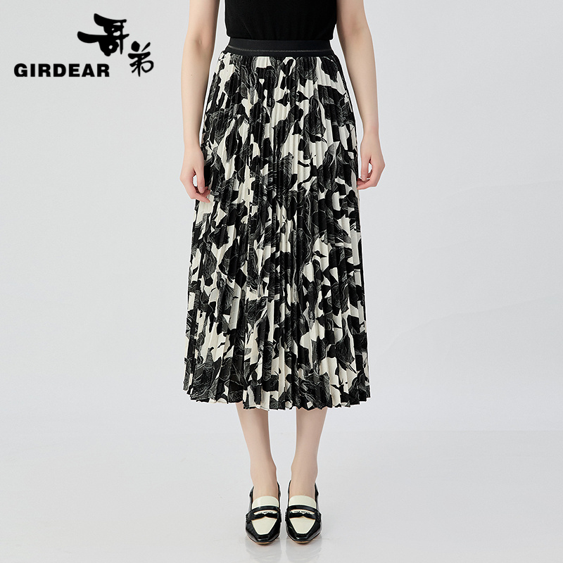 哥弟  百搭垂感印花松紧腰百褶半裙1200133