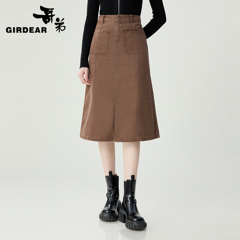 哥弟 高腰前开衩牛仔半身裙1200365