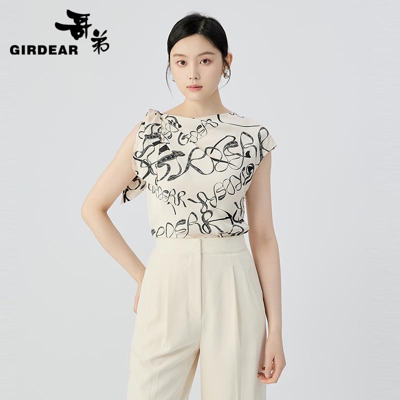 哥弟  不规则单肩飘带印花无袖衬衣130013