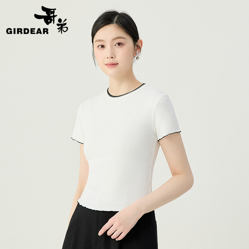 哥弟  时尚简约撞色边设计圆领短袖T恤130026