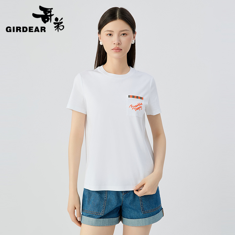 哥弟  字母领小口袋短袖T恤1300343