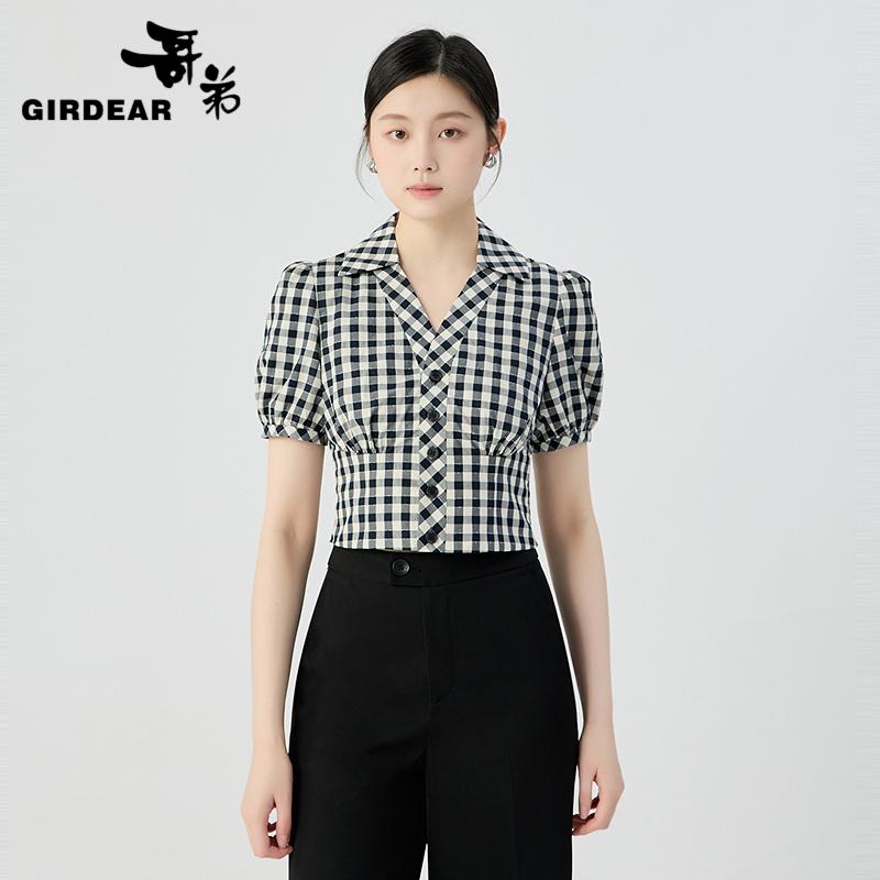 哥弟  复古泡泡袖收腰衬衣130071