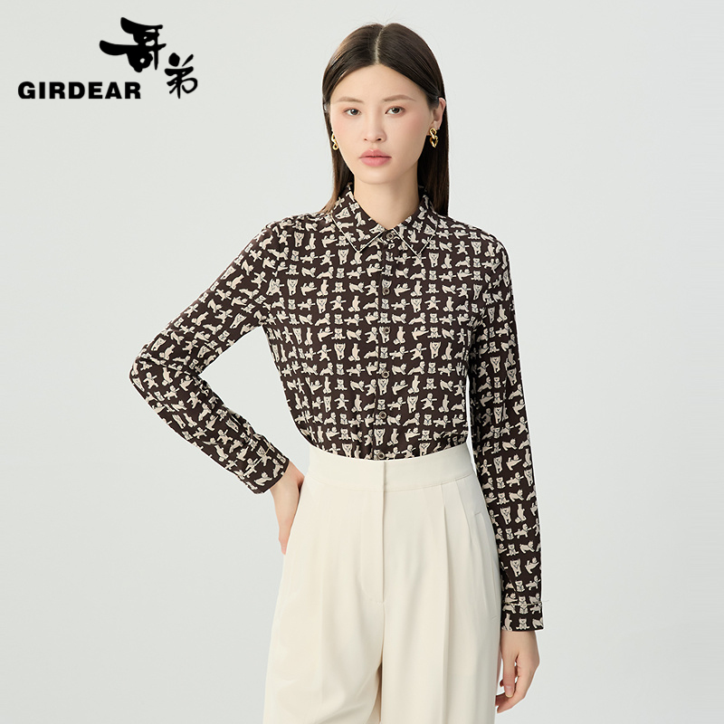 哥弟  简约百搭翻领印花衬衫130073