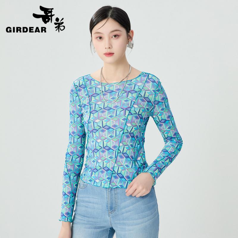 哥弟  圆领拼接手绘印花图案丝网衫1300947