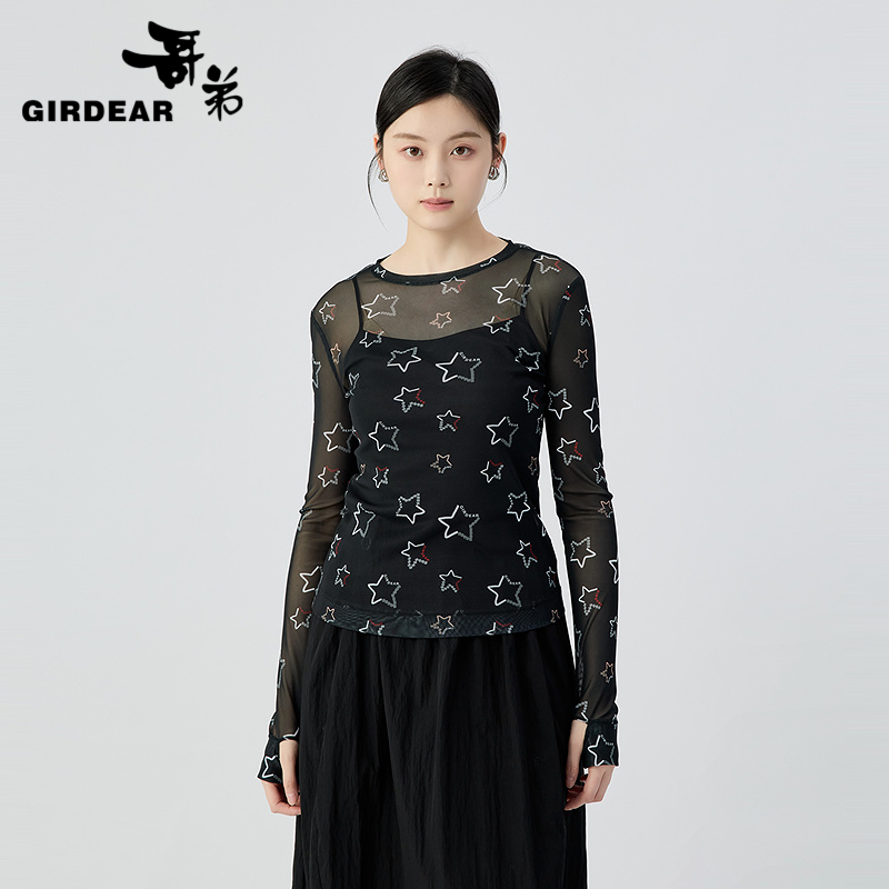 哥弟  小圆领带葱丝网面料网纱打底1300959