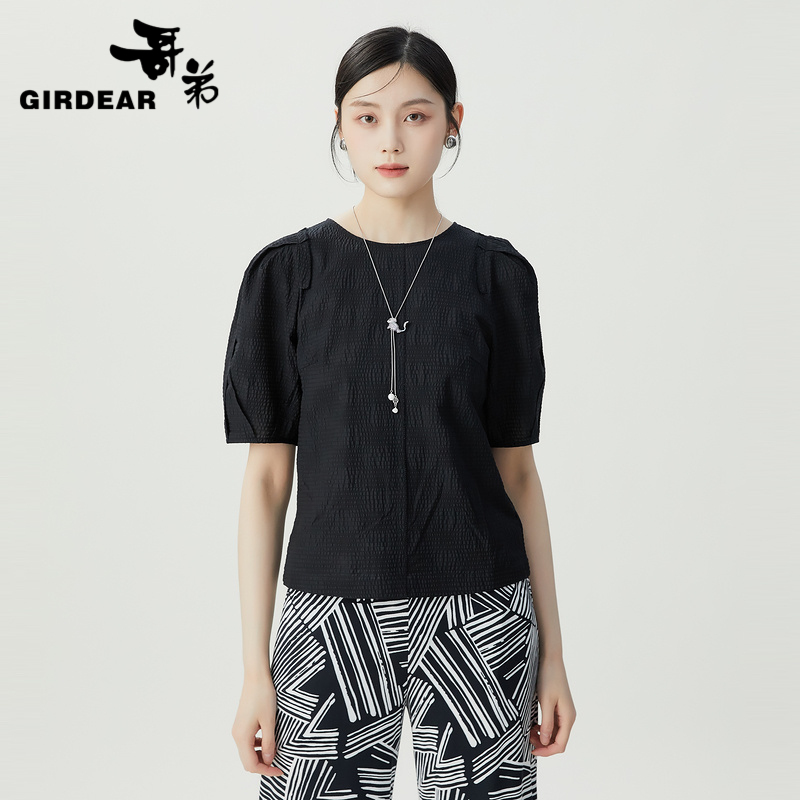 哥弟  复古高级窄肩宽袖肌理感上衣1300981