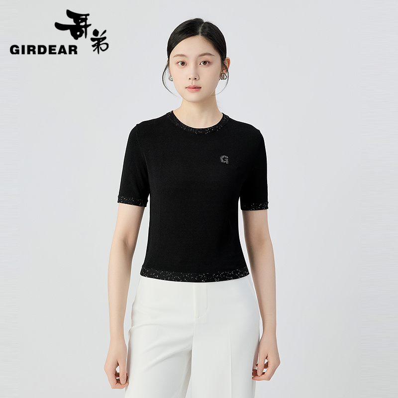 哥弟  G字母银葱拼接精致圆领针织短袖138039