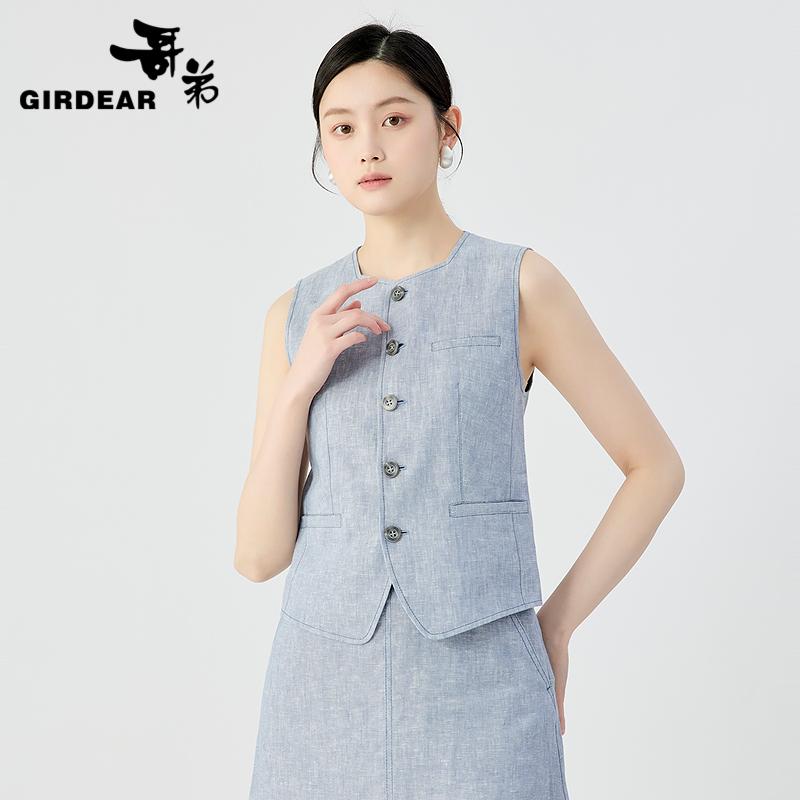 哥弟 气质圆领亚麻无袖马甲140012