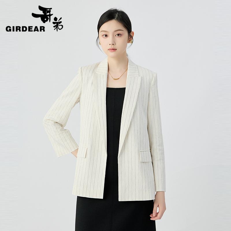 哥弟  宽松翻领一粒扣亚麻西装外套140013